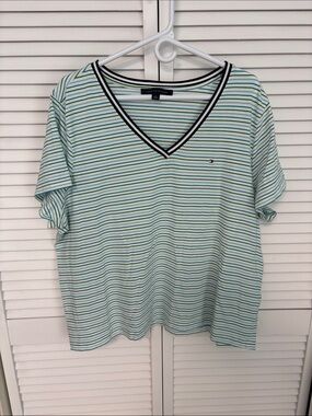 Tommy Hilfiger Mint and Navy Striped V-Neck Tee 1X